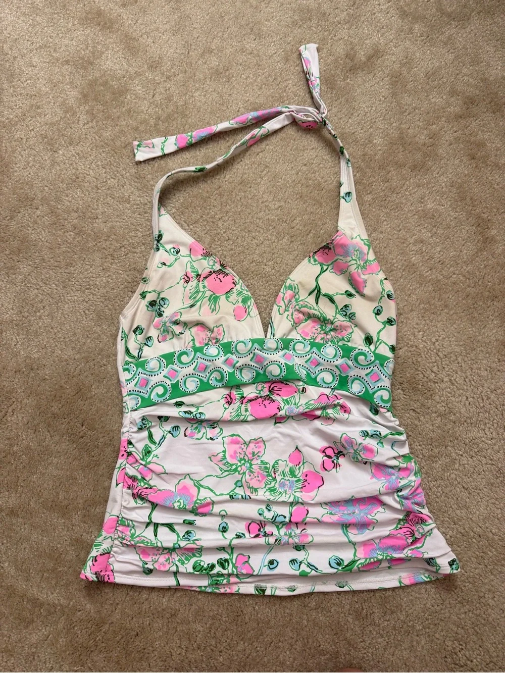 Lilly Pulitzer White Swim Top with Pink Logo and Green Floral Accent